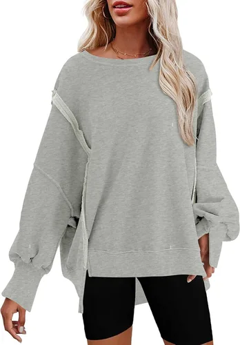 Vista 13 de SHEWIN Sudadera casual de gran tamaño de manga larga con costuras inversas y cuello redondo para mujer Un negro