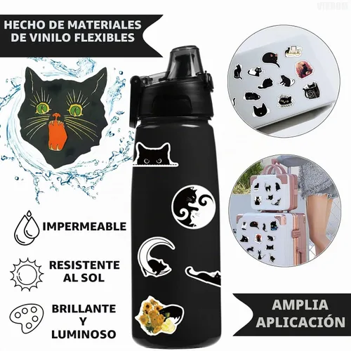 Vista 3 de 100 unidades de calcomanías impermeables para laptop negras, lindas calcomanías de gato en blanco y negro para botellas de agua, paquete