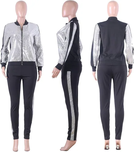 Vista 4 de Conjunto deportivo de 2 piezas con lentejuelas con purpurina para mujer chaqueta de manga larga pantalones largos ajustados sudadera brillante ropa
