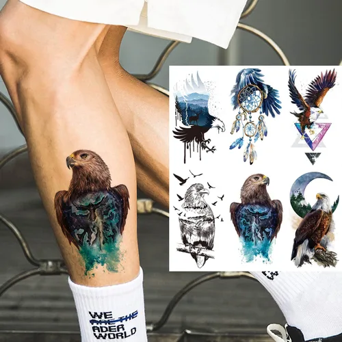 Vista 2 de glaryyears 8 hojas de tatuajes temporales de animales de águilas blancas en acuarela, brazo pecho pierna tatuaje para hombres y mujeres, arte