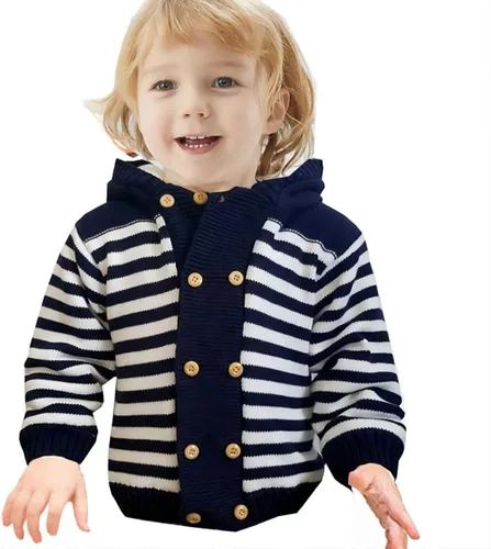 Vista 3 de Suéter de punto a rayas con capucha para niños y niñas, abrigo de invierno para bebés, Coral