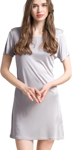 Vista 8 de Grenasasilk Camisón de seda de manga corta para mujer, camisón de seda de morera pura, cuello redondo, ropa de dormir Beige