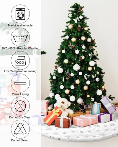 Vista 6 de COOLWUFAN Falda de árbol de Navidad de piel sintética de 36 pulgadas para árbol de Navidad, decoración de fiestas, copos de nieve de lentejuelas