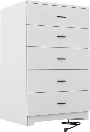 Vista 14 de GEPELCN Cómoda para dormitorio con tomas de corriente, cómoda de madera con 5 cajones con gran espacio de almacenamiento, cómoda negra con riel
