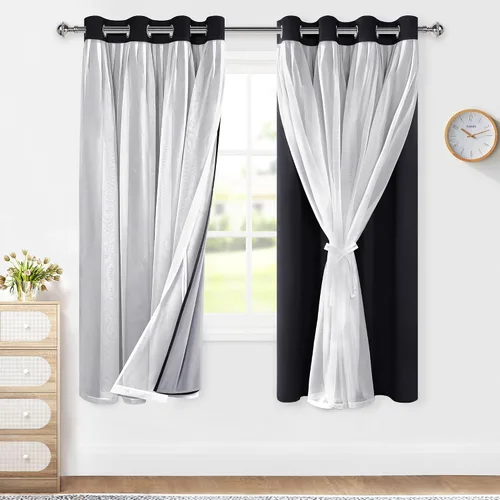 Vista 8 de XWZO Cortinas 100% opacas de doble capa para guardería, cortinas opacas con superposición transparente para dormitorio de niñas, cortinas