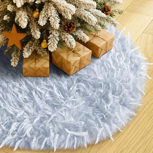 Vista 28 de Falda de Árbol de Navidad de 24 Pulgadas - Falda de Árbol de Piel Sintética Esponjosa Beige Blanca, Decoración Navideña de Felpa de Color Toka