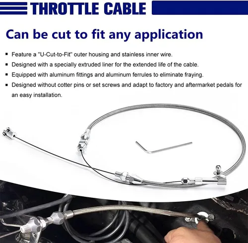 Vista 2 de Kit de cable de acelerador universal de 24 pulgadas, de acero inoxidable, trenzado ajustable, kit de bloqueo de cubierta de cable de acelerador