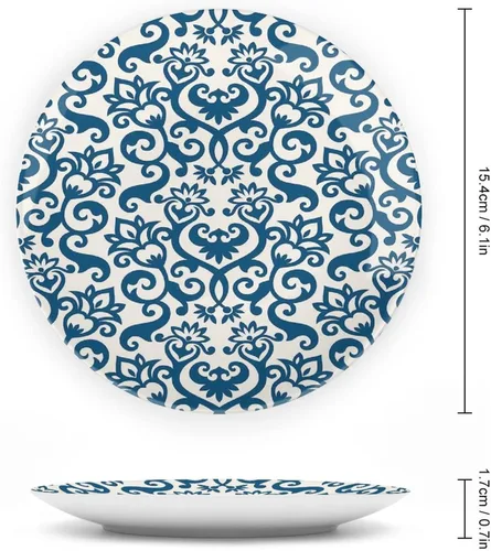 Vista 2 de XISUNYA Plato decorativo de 6 pulgadas, cerámica abstracta, flores ornamentales florales antiguas de damasco, azulejos curvos, impresión artística