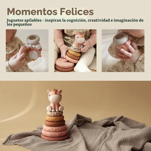 Vista 3 de Nueplay 7 piezas de juguetes para apilar y anidar para bebés, juguetes de dentición para apretar y círculo de construcción con figura de caballo