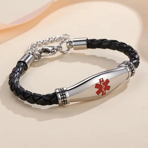 Vista 2 de LinnaLove Pulseras de alerta médica para mujeres, hermosas pulseras de cuero femenino para identificación médica con grabado gratuito