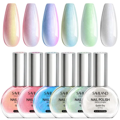 Vista 11 de SAVILAND - Juego de esmaltes de uñas perlado: secado rápido, 12 ingredientes libres, esmalte Aurora, 6 colores brillantes, morado, rosa, azul