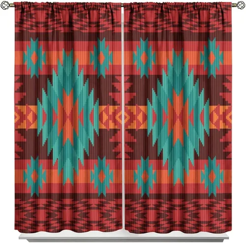 Vista 319 de Cortinas con patrón geométrico tribal, estilo suroeste, azteca, rústico, occidental, nativo americano, opacas, con bolsillo para barra, decoración