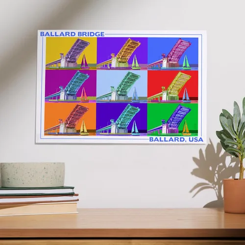 Vista 2 de Lantern Press Ballard Bridge, Seattle, WA, Pop Art (12x18 Art Print, Travel Poster Wall Decor)