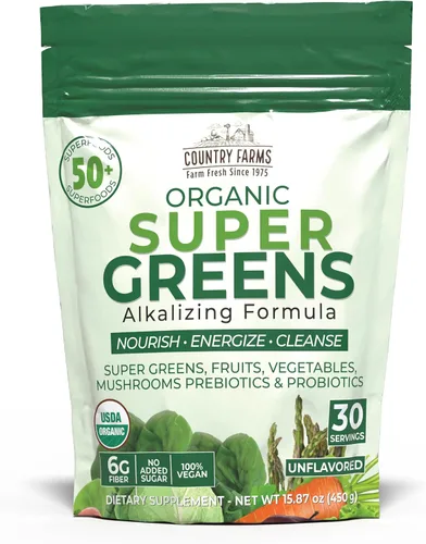 Vista 11 de Country Farms Super Greens Batido en Polvo de Manzana y Plátano, Súper Alimentos Orgánicos, Mezcla de Bebida Orgánica USDA, Frutas, Verduras