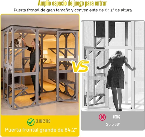 Vista 4 de Aivituvin Casa de gato al aire libre Katio Kitty Recinto con puerta de entrada súper grande, jaula de gato de madera para interiores