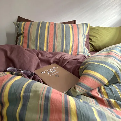 Vista 4 de mixinni Juego de funda de edredón vintage a rayas, tamaño twin, juego de ropa de cama de 3 piezas, 100% algodón lavado, suave y transpirable, funda