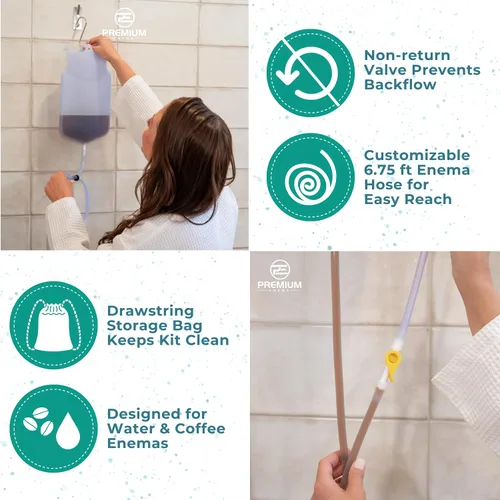 Vista 6 de PREMIUM Enema™ juego de bolsa de silicona transparente para enema, con llave de paso de precisión, válvula de retención, manguera larga de silicona