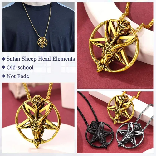 Vista 4 de FaithHeart Leviathan Satanic Brimstone Cross Necklace, Gold Plated Stainless Steel Satan Church Jewelry, Alchemical Symbol for Brimstone Pendant
