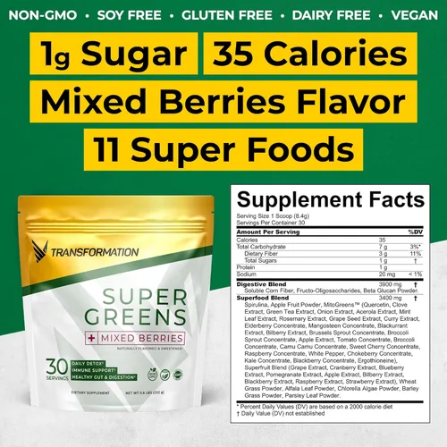 Vista 2 de Transformation Super Greens Superfood Green Juice Powder - Apoyo inmunológico y energético Ingredientes naturales Minerales desintoxicantes