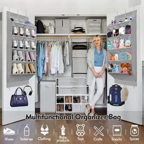 Vista 3 de Felibeaco Paquete de 2 organizadores de zapatos para colgar sobre la puerta, organizador de zapatos colgante con 32 bolsillos grandes y profundos