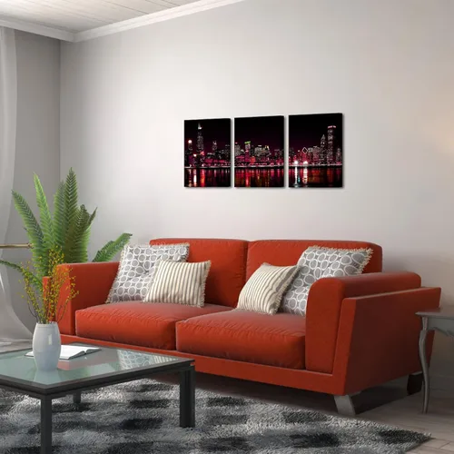 Vista 4 de Biuteawal 3 paneles de Chicago Skyline Wall Art Chicago City Night View Picture Canvas Print Black and Red Cityscape Poster Photo Painting Modern