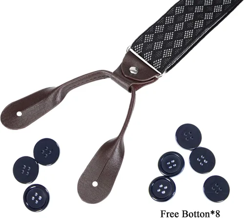Vista 17 de AWAYTR Tirantes de botón marrón para hombre, tirantes elásticos ajustables en forma de Y