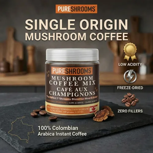 Vista 5 de PureShrooms Perfect 7 - Café de hongos – Arábica instantánea de origen único con melena de león orgánica, Reishi y Cordyceps – Bebida