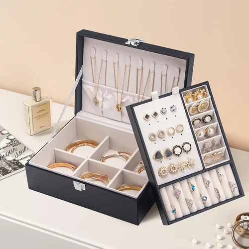 Vista 6 de COOYUY Joyero para mujeres niñas esposa regalo ideal organizador de joyas de doble capa aretes pulseras anillos collares piel sintética y terciopelo
