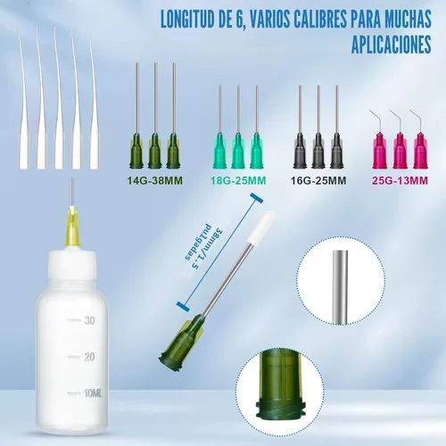 Vista 2 de Botella de pegamento de 30 ml con aplicador de punta de precisión, botella de aguja con punta de 14 ga, 16 ga, 18 ga, 20 ga, 25 ga, aplicador