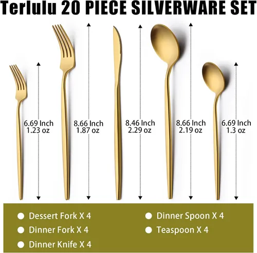 Vista 2 de Juego de Cubiertos Dorados de 20 Piezas para 4, Terlulu Juego de Cubiertos de Acero Inoxidable, Juego de Cubiertos Dorados Juego de Utensilios