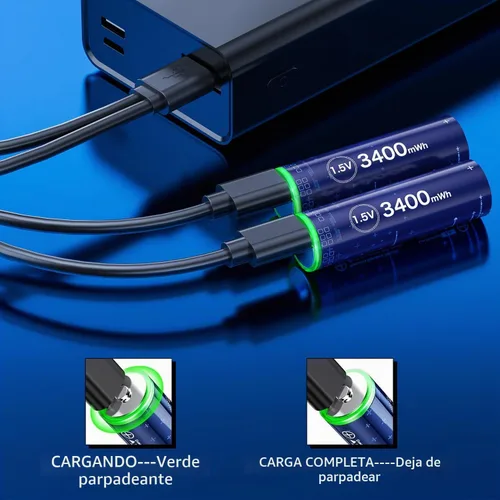 Vista 6 de Baterías AA recargables USB 1.5 V AA baterías recargables de litio, 3400 mWh, paquete de 12 baterías de litio AA con cable USB de 1500 ciclos