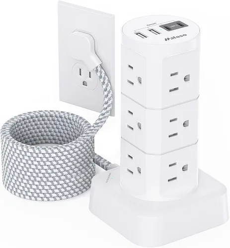 Vista 10 de Torre de estación de carga, regletas de alimentación con protección contra sobretensiones, enchufe plano, 12 tomas, 4 puertos USB, cable