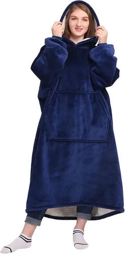 Vista 32 de Waitu - Sudadera tipo manta, para regalar a hombre o mujer, muy cálida y acogedora, gigantesca, con capucha, de gruesa franela, con mangas y un Negro