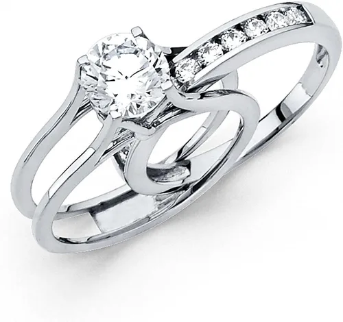 Vista 4 de TWJC 14k Yellow OR White Gold Solid Engagement Ring & Wedding Band Set