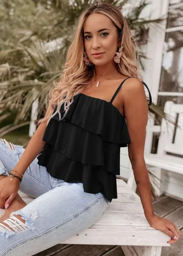 Vista 7 de KIRUNDO Blusa tipo babydoll con volantes y tirantes delgados para mujer, para verano, en capas, para playa, moda, vacaciones, crucero
