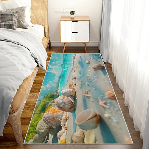 Vista 2 de J308 - Alfombra de pasillo con temática de playa de 2 x 4 pies, patrón de conchas marinas costeras, antideslizante, lavable, temática de playa