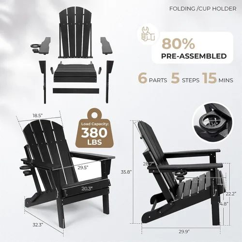 Vista 3 de Silla Adirondack plegable de HDPE, silla de patio al aire libre con soporte para tazas, silla de césped de grano de madera resistente a