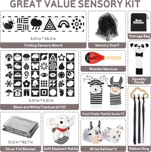 Vista 6 de Dreamon 32 juguetes sensoriales de alto contraste para bebés en blanco y negro, juguetes para recién nacidos con sonajero, libro suave y tarjetas