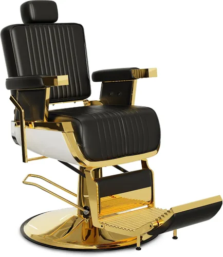 Vista 9 de Silla reclinable de barbero Baasha negra con ribete dorado en los reposabrazos, cómodo cojín de espuma viscoelástica, reposacabezas ajustable, base