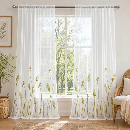 Vista 10 de Melodieux Cortinas texturizadas de lino con bordado de trigo para sala de estar, dormitorio, cortinas de ventana con patrón floral de granja