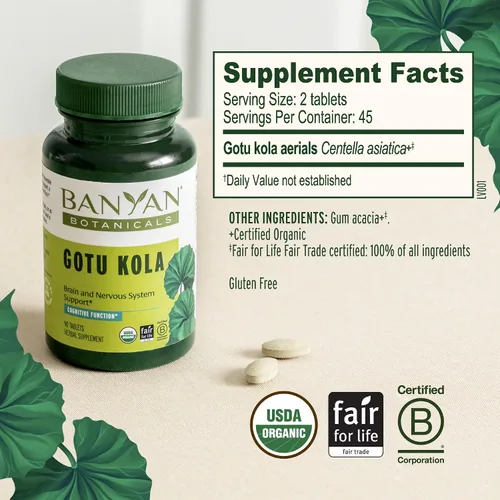 Vista 5 de Banyan Botanicals Brahmi/Gotu Kola Tablets - USDA Organic - 90 tabletas - Centella asiática - Apoya la concentración, el estado de alerta y un