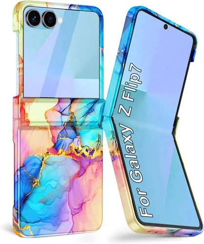 Vista 15 de Btscase Funda para Samsung Galaxy Z Flip 6, protector de pantalla frontal integrado, patrón de mármol dorado con purpurina de policarbonato duro