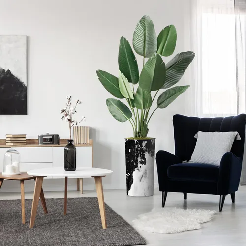 Vista 18 de Árbol artificial en macetero contemporáneo con efecto de granito, palmera tropical areca artificial de seda para decoración del hogar en interiores