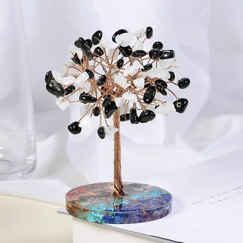 Vista 3 de Nupuyai Árbol de cristal de cuarzo curativo natural hecho a mano con base de resina de piedras redondas de chakras, alambre de cobre, bonsái