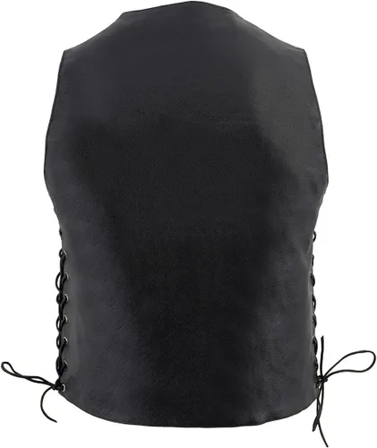 Vista 2 de Milwaukee Leather LKM3701 Chaleco clásico de cuero negro para hombre con cuello en V estilo motero con broches de búfalo y cordones laterales