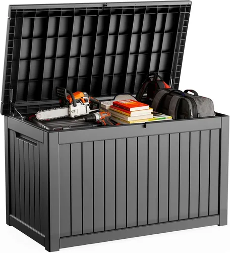 Vista 18 de DRATO Caja de almacenamiento para cubierta de 31 galones, caja de almacenamiento para exteriores para cojines de patio, herramientas de jardín, caja
