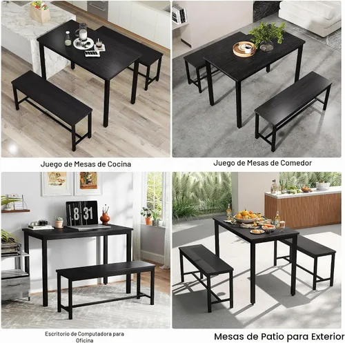 Vista 4 de Juego de mesa de comedor para 4, mesa de cocina con 2 bancos, muebles de comedor de madera de 3 piezas, juegos de sillas de comedor para rincón