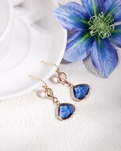 Vista 5 de Pendientes Colgantes de Zafiro Azul y Gotas de Topacio Azul en Oro Hechos a Mano con Aguamarina para Mujeres - Azul y Rosa Aguamarina (Aquamarine)