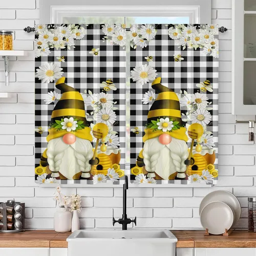 Vista 9 de Cortinas de ventana de cosecha de otoño, marco de madera rústica, cortinas florales de pacas de heno y calabaza, cenefa de cocina de Acción