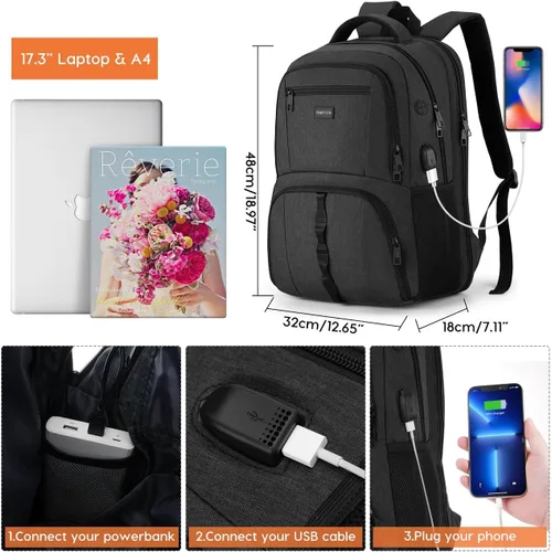Vista 6 de YAMTION Mochila de gimnasio para hombres y mujeres con compartimento para zapatos, bolsa de libros de 17,3 pulgadas para niños con puerto USB